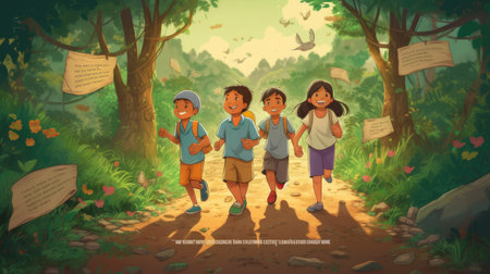 Illustration of a child walking in the forest together, cartoonの素材