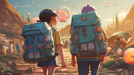 Illustration of a child walking in the forest together, cartoonの素材