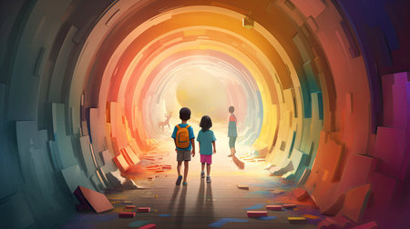 Illustration of a child walking in the middle of a beautiful city, cartoonの素材