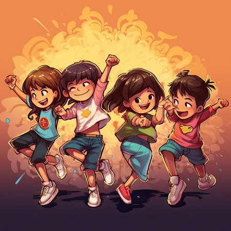 Illustration of children playing together outdoors, cartoonの素材
