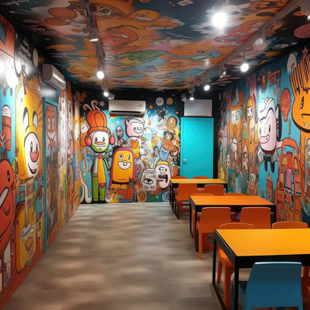 Interior of a children's room with childrens drawings on the wallsの素材