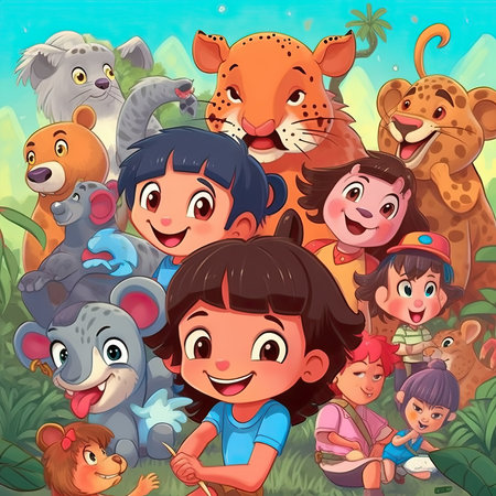Illustration of children playing together outdoors, cartoonの素材