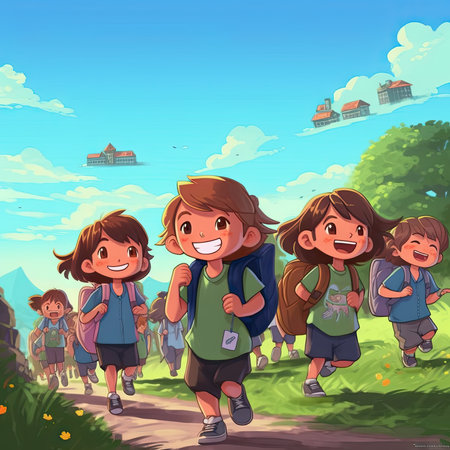 Illustration of children playing together outdoors, cartoonの素材