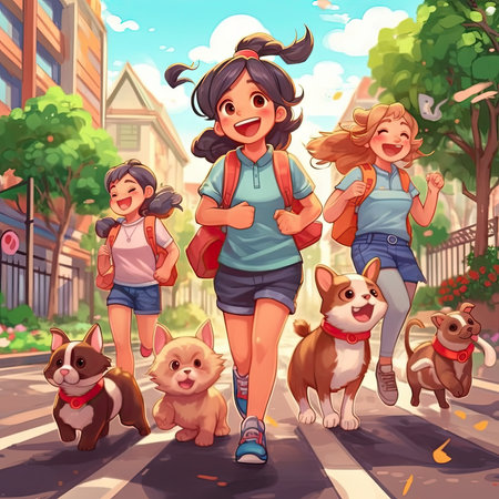 Illustration of children playing together outdoors, cartoonの素材