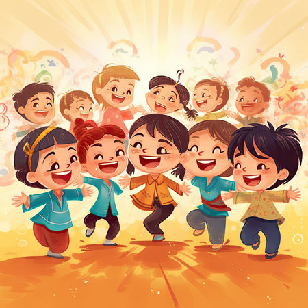 Group of happy children dancing on a colorful background. Vector illustration.の素材