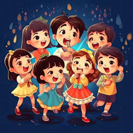 Group of children playing in the rain. Cartoon vector illustration of happy kids playing in the rain.の素材