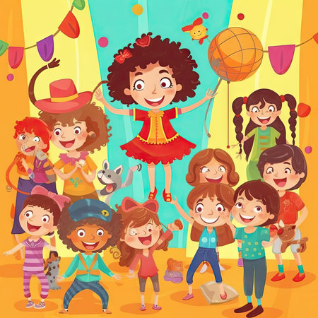 Children playing at the circus cartoon vector illustration. Cheerful kids in clown costume having fun.の素材