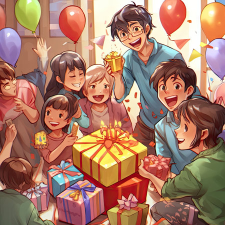 Illustration of a group of children celebrating birthday with gifts and balloonsの素材
