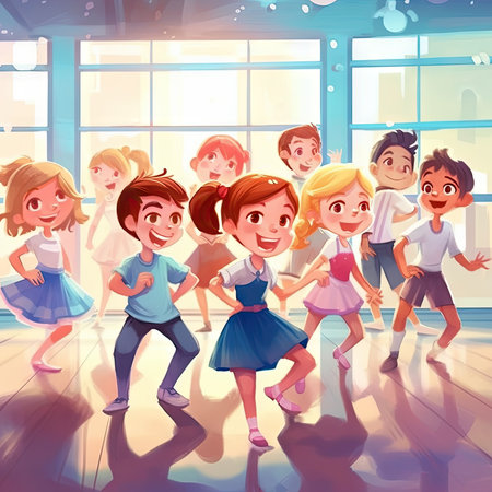 Group of kids dancing in a dance school. Vector cartoon illustration.の素材