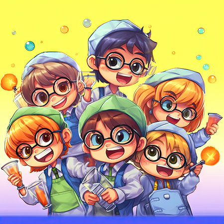 Group of children with soap bubbles. Vector illustration in cartoon style.の素材