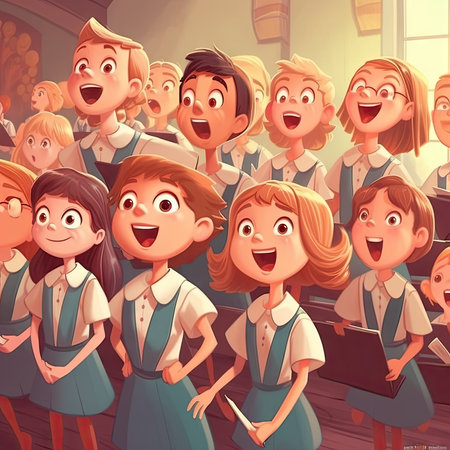 Cartoon school boys and girls in a classroom. Vector illustration.の素材