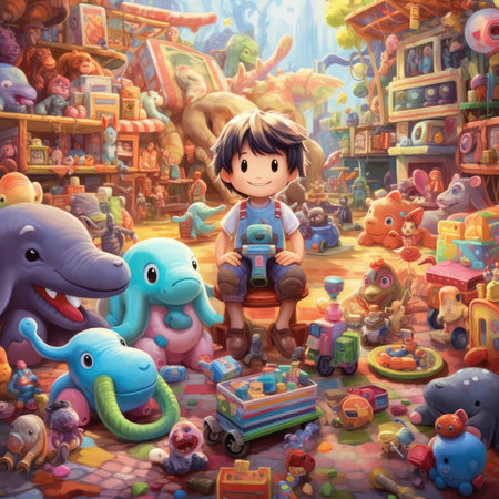 Children's playroom with a boy and many toys. Illustrationの素材