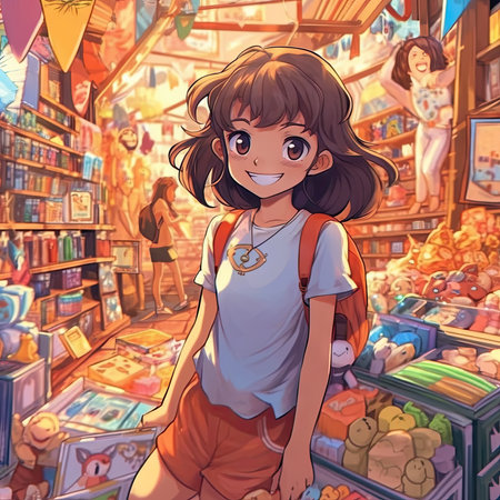 Cute cartoon girl in a bookstore. Colorful illustration for children.の素材