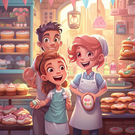 Cute cartoon girl and boy in bakery shop with sweet cakes.の素材