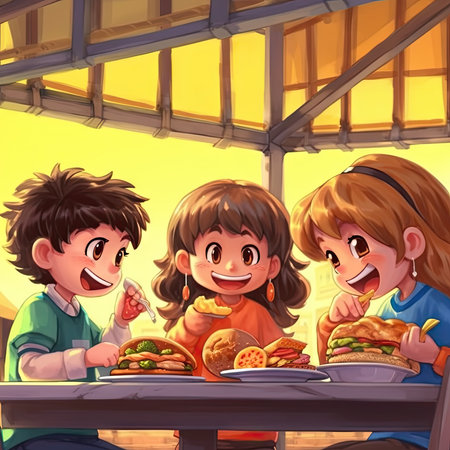 Cartoon scene with happy kids eating hamburger - illustration for childrenの素材
