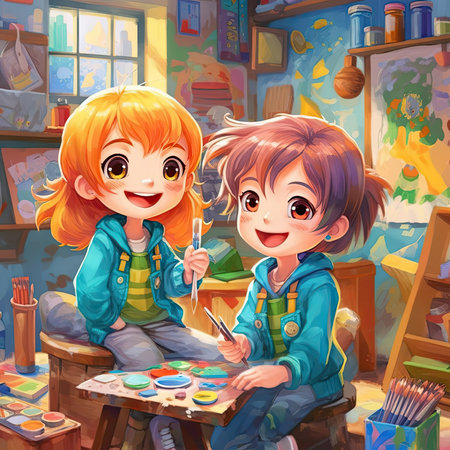Cartoon scene with boy and girl painting in the room illustration for childrenの素材