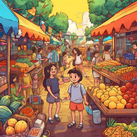 Illustration of children's cartoons in a crowded market atmosphere, cartoonの素材