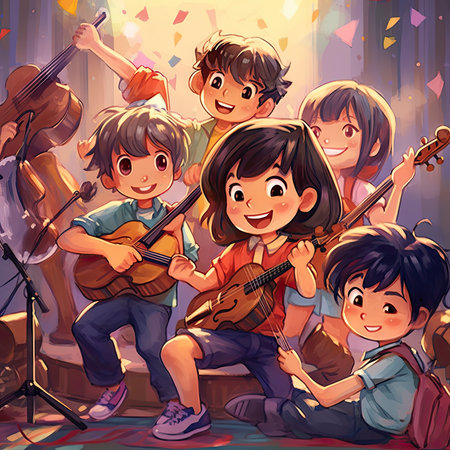Children playing musical instruments in the room. Illustration in cartoon styleの素材