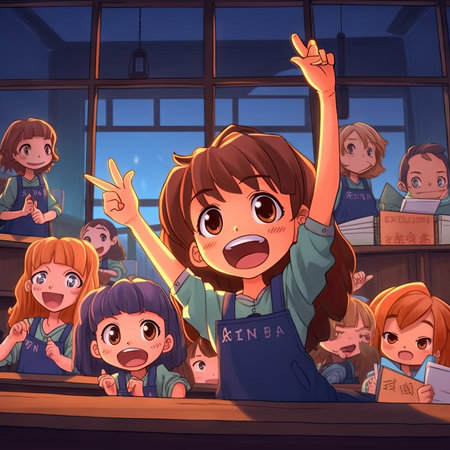 Cartoon schoolgirl with raised hands in front of the classroom.の素材