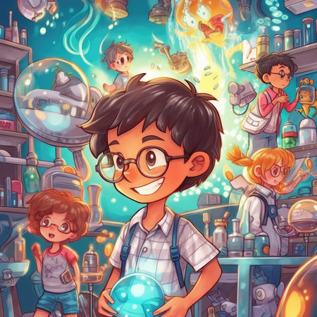 Cartoon scene with boy scientist in the laboratory - illustration for childrenの素材