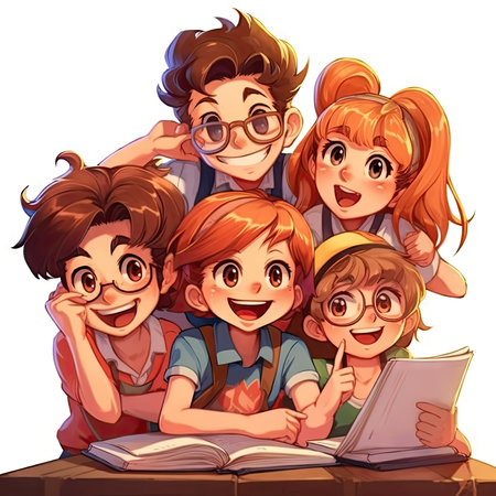 Group of happy children reading books. Vector illustration in cartoon style.の素材