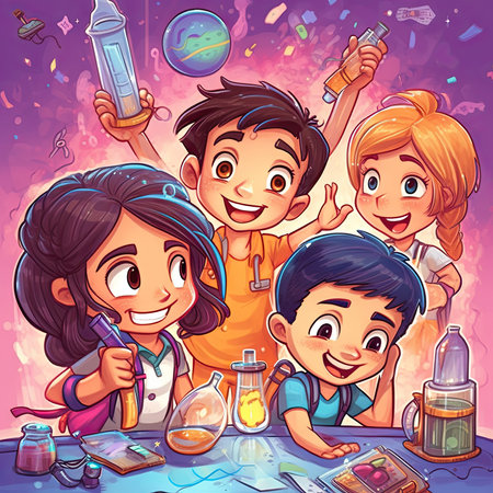 Group of children doing science experiments. Vector illustration in cartoon style.の素材