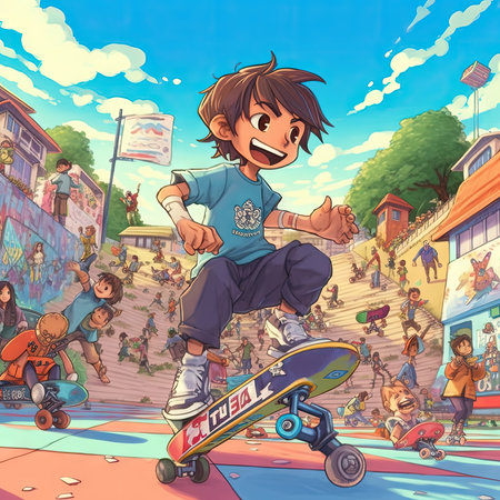Cartoon boy riding a skateboard in the city. Vector illustrationの素材