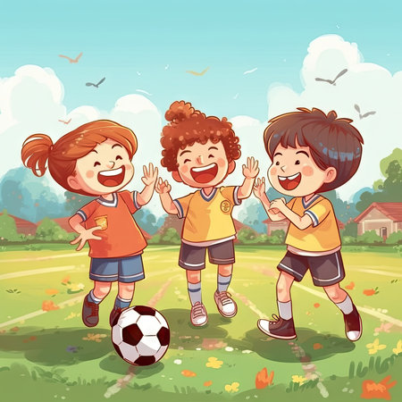 Happy kids playing soccer in the park. Vector cartoon illustration of happy children.の素材