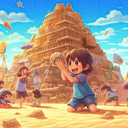 Cartoon scene with happy kids near the temple - illustration for childrenの素材