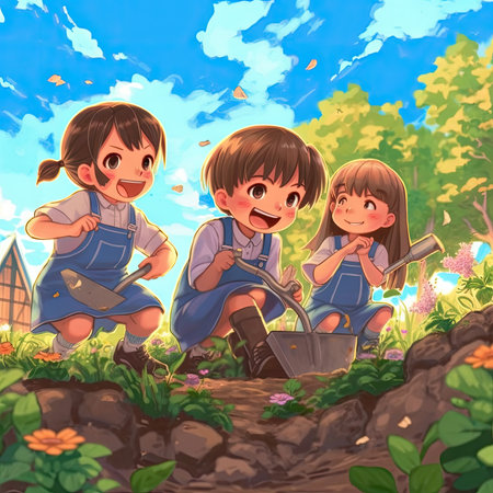 Cartoon children planting seedlings in the garden. Vector illustration.の素材