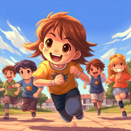 Cartoon happy kids running in the city - illustration for children.の素材
