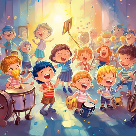Cartoon happy children playing musical instruments. Vector illustration for children.の素材