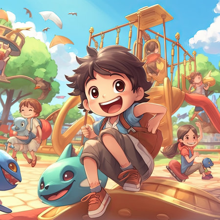 Cartoon scene with happy boy on the playground - illustration for childrenの素材
