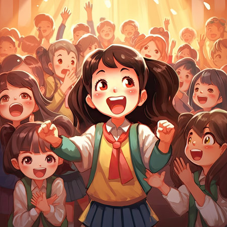 Cartoon schoolgirl with group of children in background. Vector illustration.の素材