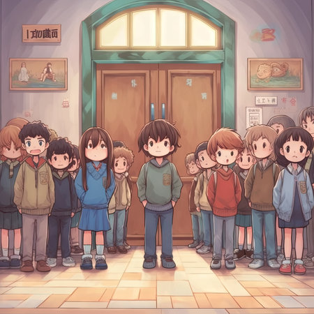 Children in the school corridor. Illustration of a group of children.の素材