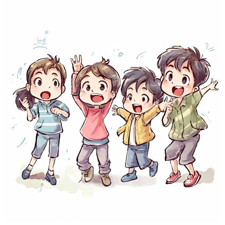 Happy children jumping in the air. Vector illustration of happy kids.の素材