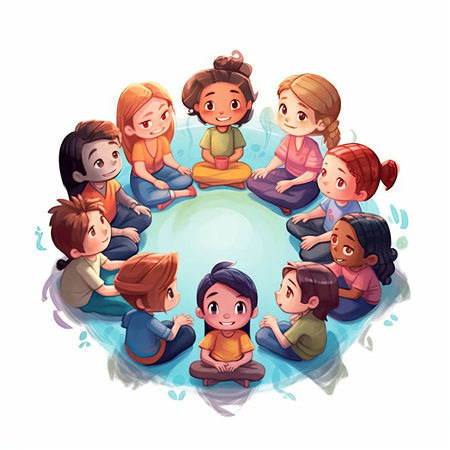 Group of children sitting in the circle. Vector illustration isolated on white background.の素材