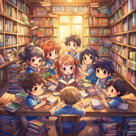 Group of kids reading books in the library. Children education concept illustration.の素材