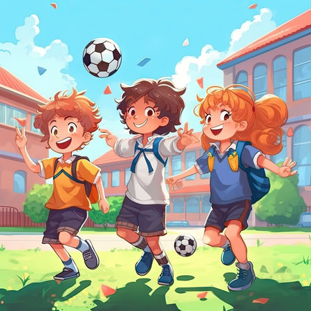 Cartoon happy school boys and girls playing soccer. Vector illustration.の素材