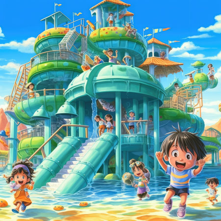 cartoon scene with happy kids playing in the water park - illustration for childrenの素材