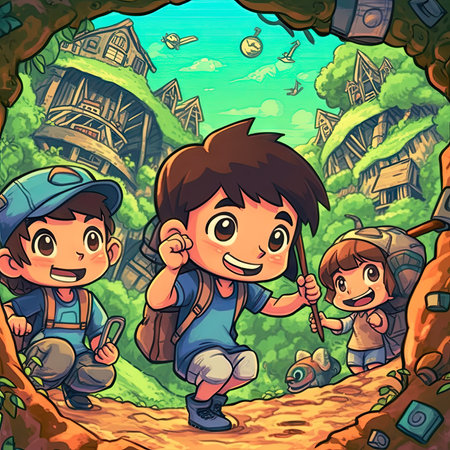 Cartoon kids hiking in the forest. Vector illustration for your designの素材