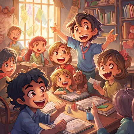 Cartoon scene with happy kids studying in the library illustration for childrenの素材