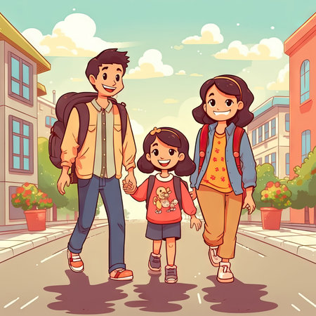 Happy family walking in the city. Vector illustration in cartoon style.の素材