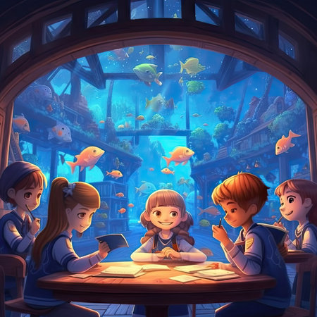 Cartoon scene with underwater world with fishes and people - illustration for childrenの素材