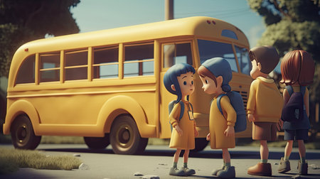 Illustration of a child riding a school bus, cartoonの素材