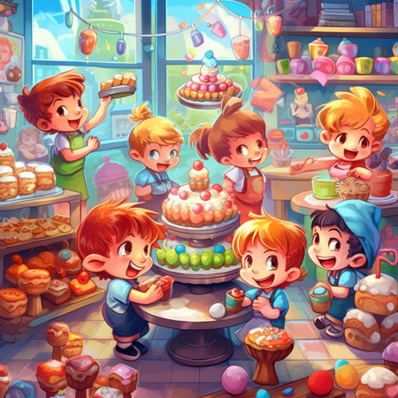Cartoon happy kids having fun in bakery shop - illustration for childrenの素材
