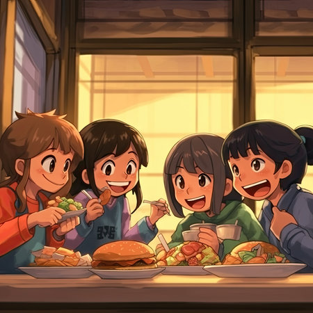 Illustration of a group of kids eating in a cafe at nightの素材