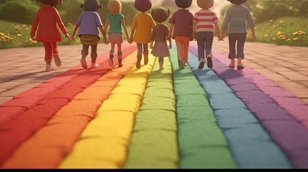 Group of children walking in the park with rainbow flag on the groundの素材