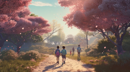 Illustration of a child walking in the forest together, cartoonの素材