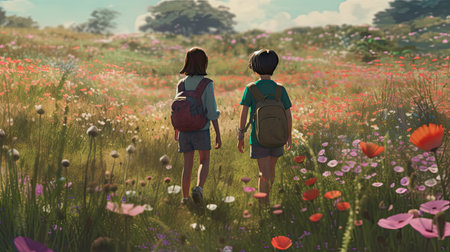 Illustration of a child walking in the forest together, cartoonの素材